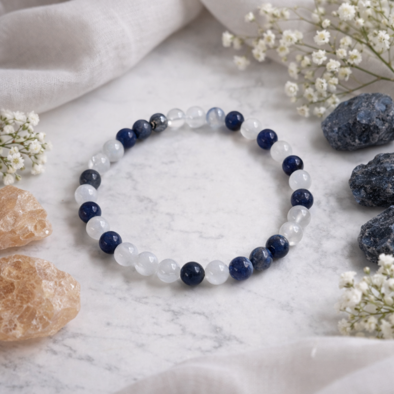 sodalith Edelstein Armband für mentale Klarheit, handgefertigt im Basler Atelier von ZodiStone